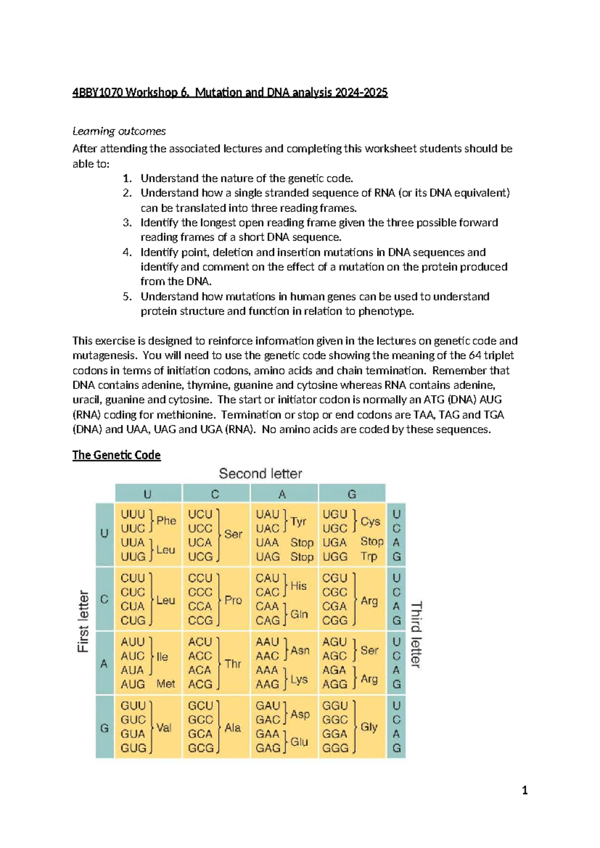 4B1070 Workshop 6: Mutation & DNA Analysis Learning Outcomes and ...
