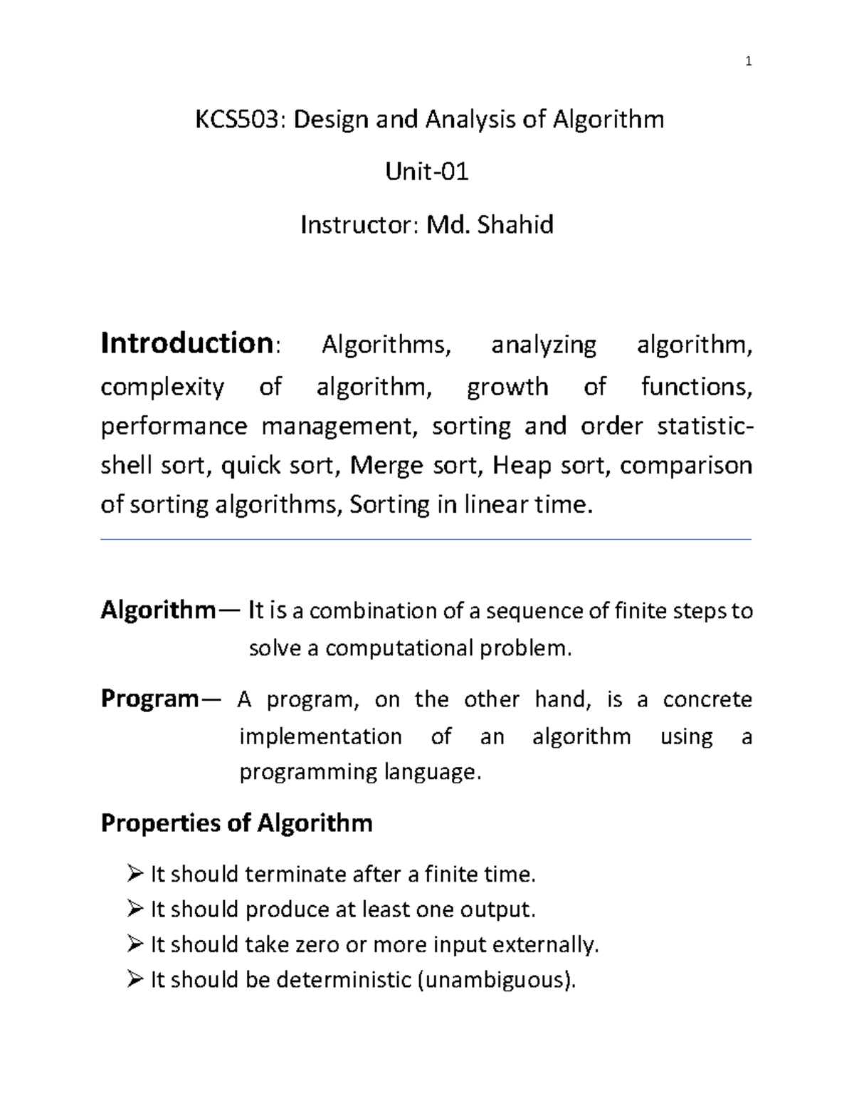 Unit 01 DAA Shahid 230918 222142 - KCS503: Design and Analysis of ...