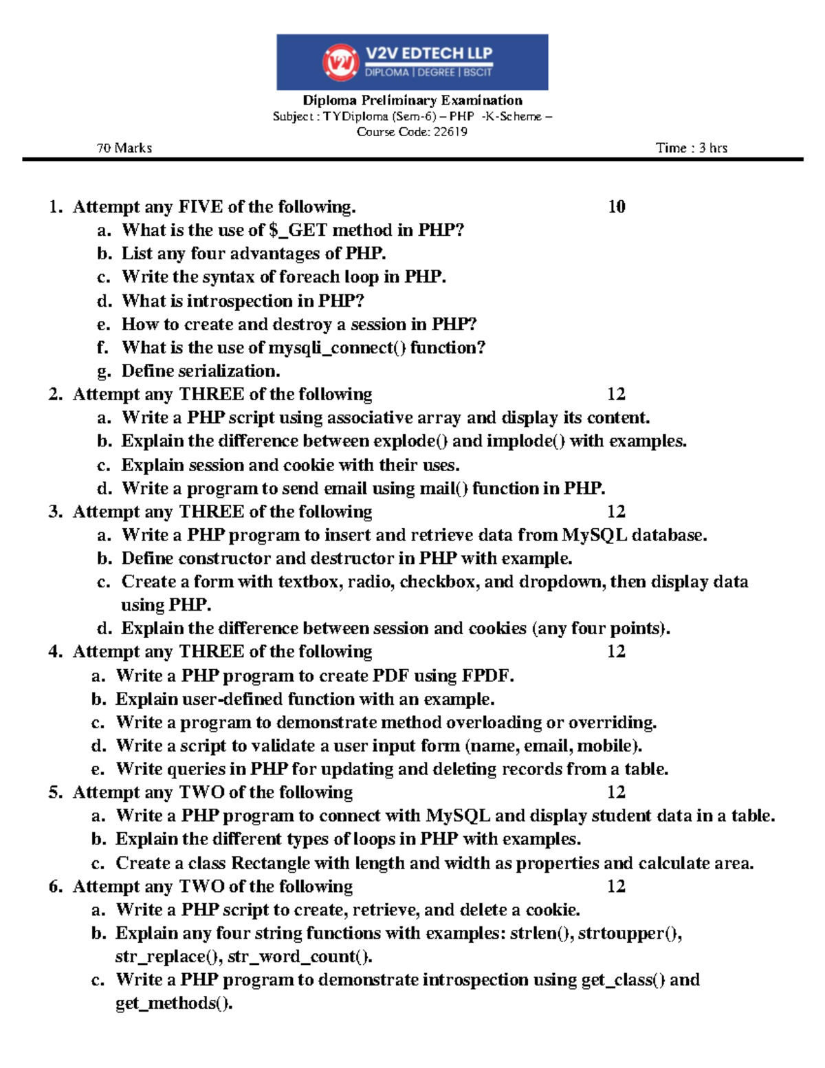 PHP Diploma Preliminary Exam (Course Code: 22619) - 70 Marks - Studocu