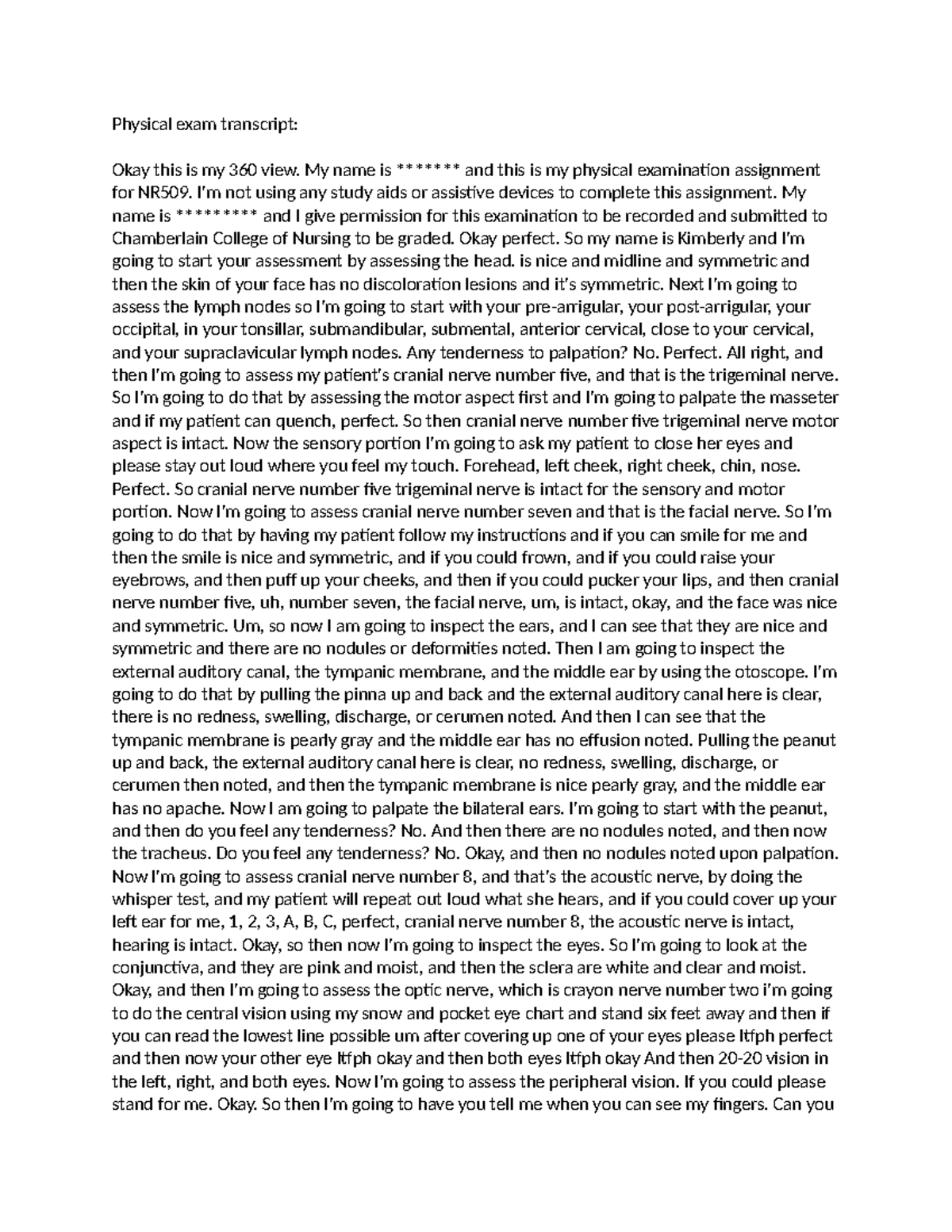 NR509 Physical Examination Assignment Transcript - Studocu