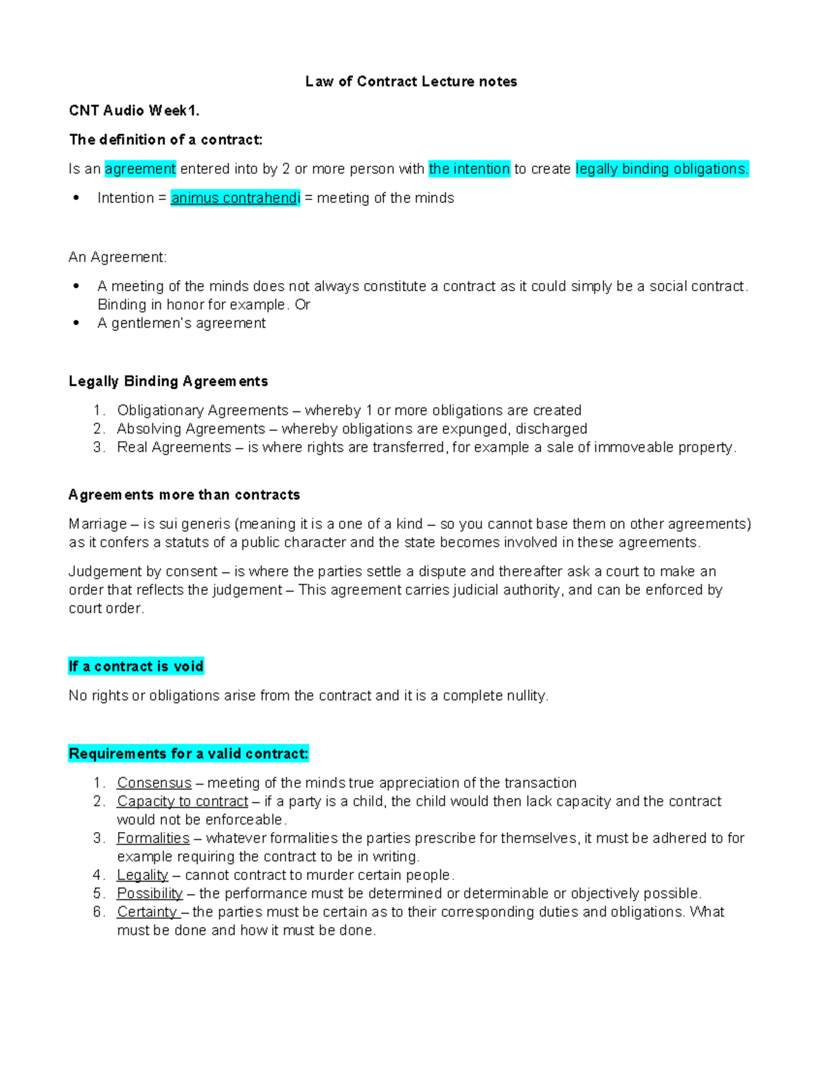 Law of Contract Lecture Notes (CNT 101) - Key Concepts & Principles ...