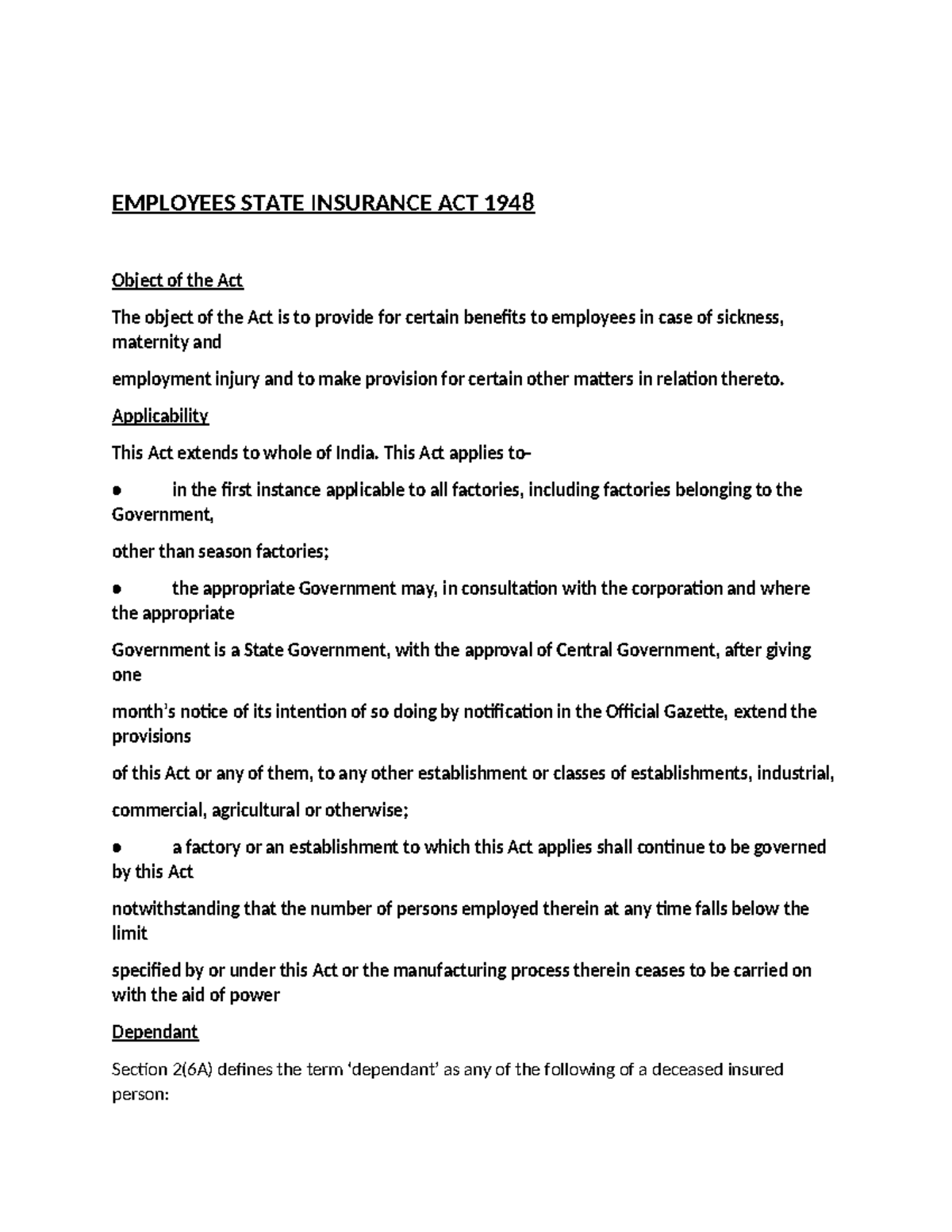 ESI Act 1948 Summary Notes and Key Provisions - Studocu
