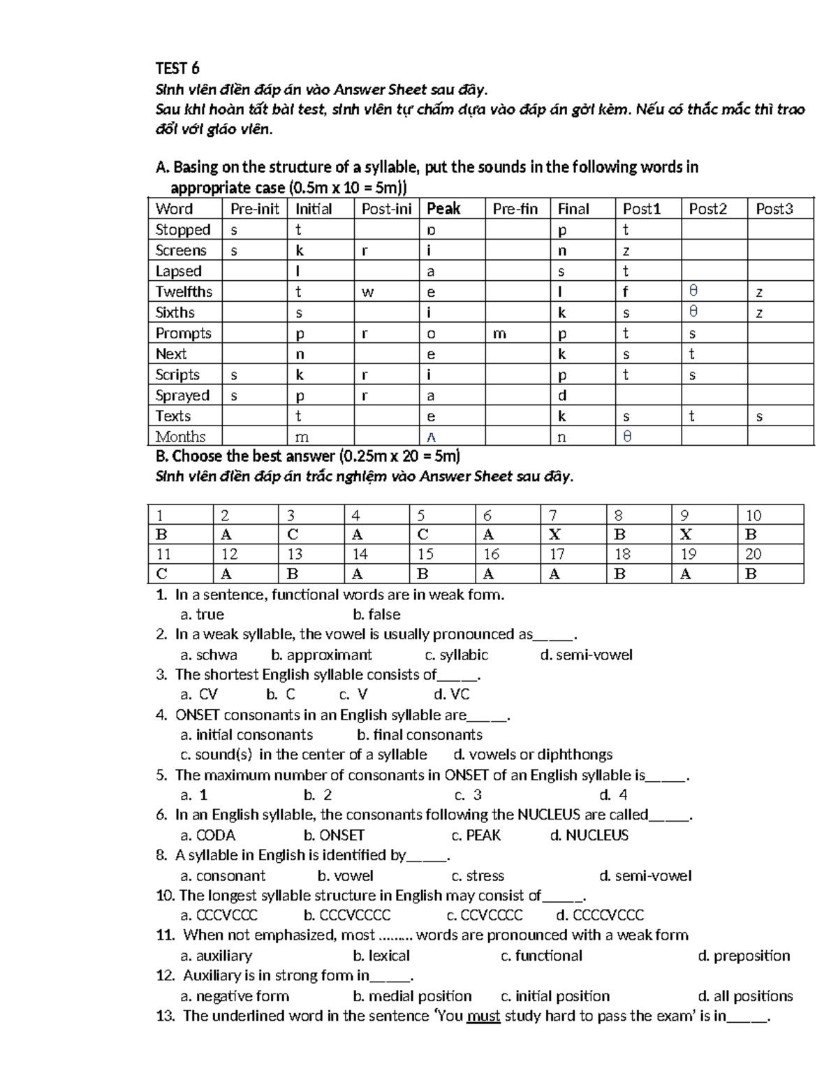 Phono TEST 6 - Phonetics Test Key and Answer Sheet - Studocu