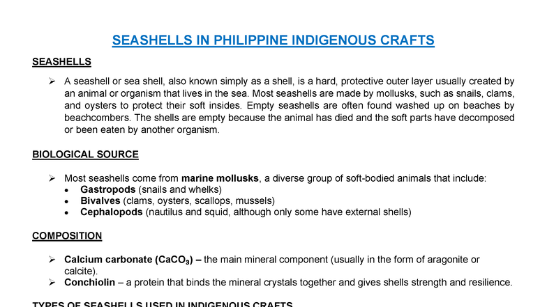 SEASHELLS IN PHILIPPINE INDIGENOUS CRAFTS: A STUDY ON MATERIALS - Studocu