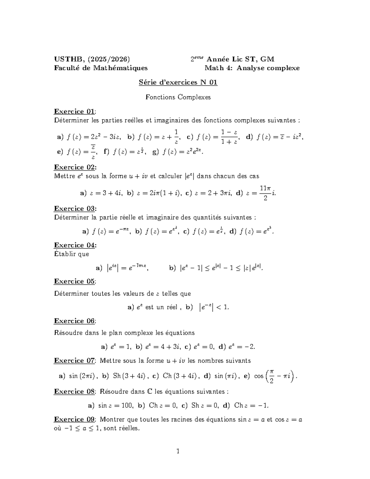 Analyse Complexe - Exercice 01 à 09 - 2ème Année Lic ST, GM Math 4 ...
