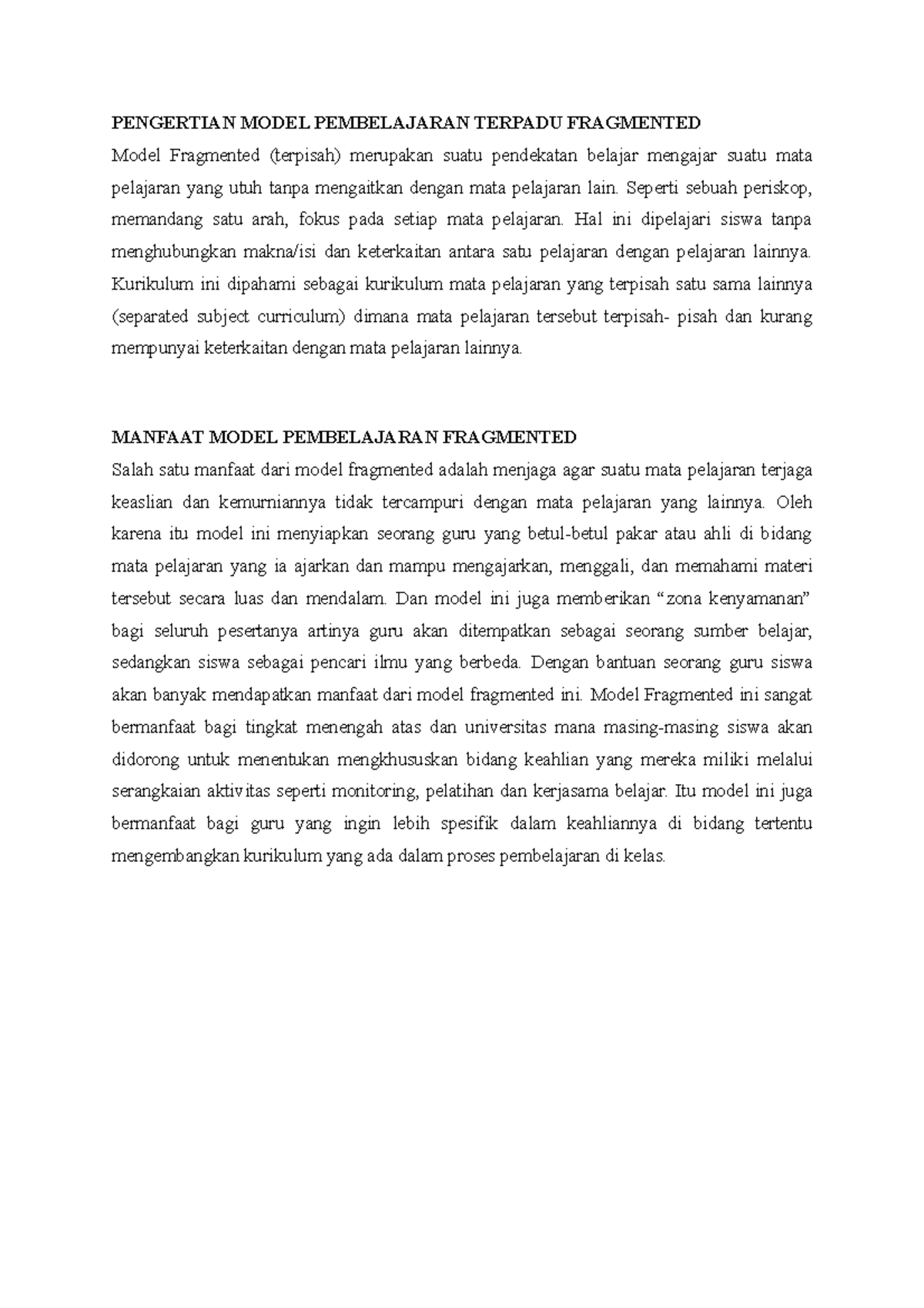 Model Pembelajaran Terpadu Fragmented - PENGERTIAN MODEL PEMBELAJARAN ...