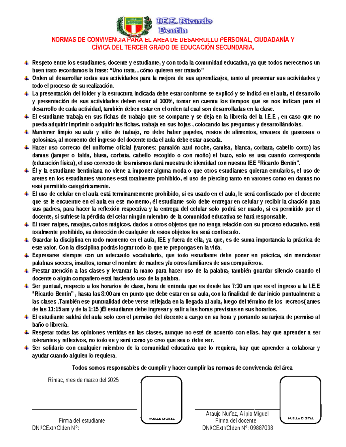 Normas de Convivencia para el Aula de 3er Grado de Secundaria - Studocu