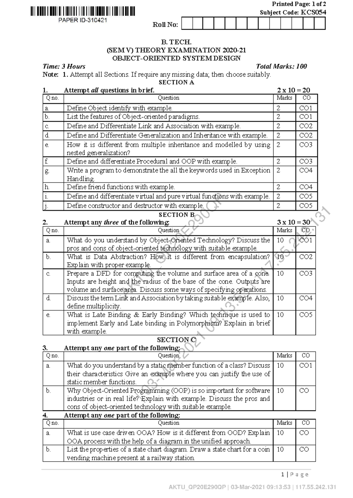 Object Oriented System Design KCS 054 - AKTU_QP20E290QP | 03-Mar-2021 ...