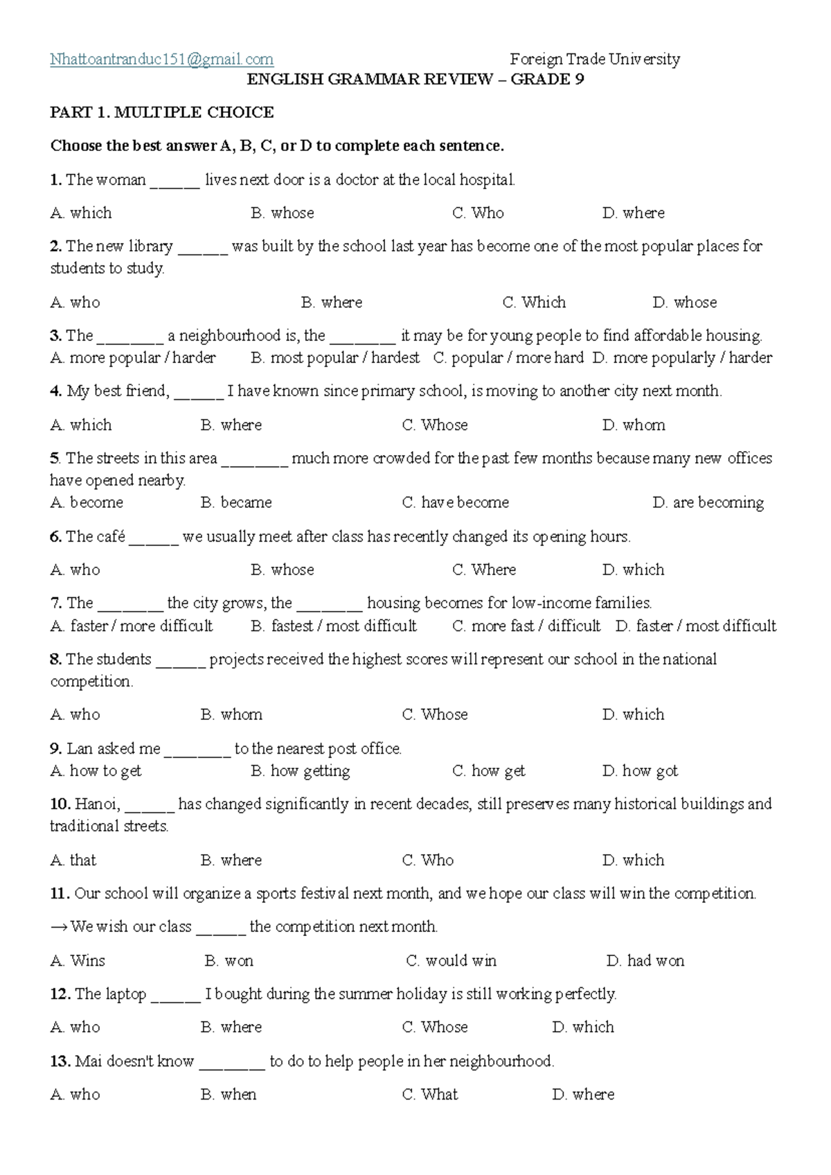 Foreign Trade University English Grammar Review Grade 9: MCQ Practice ...