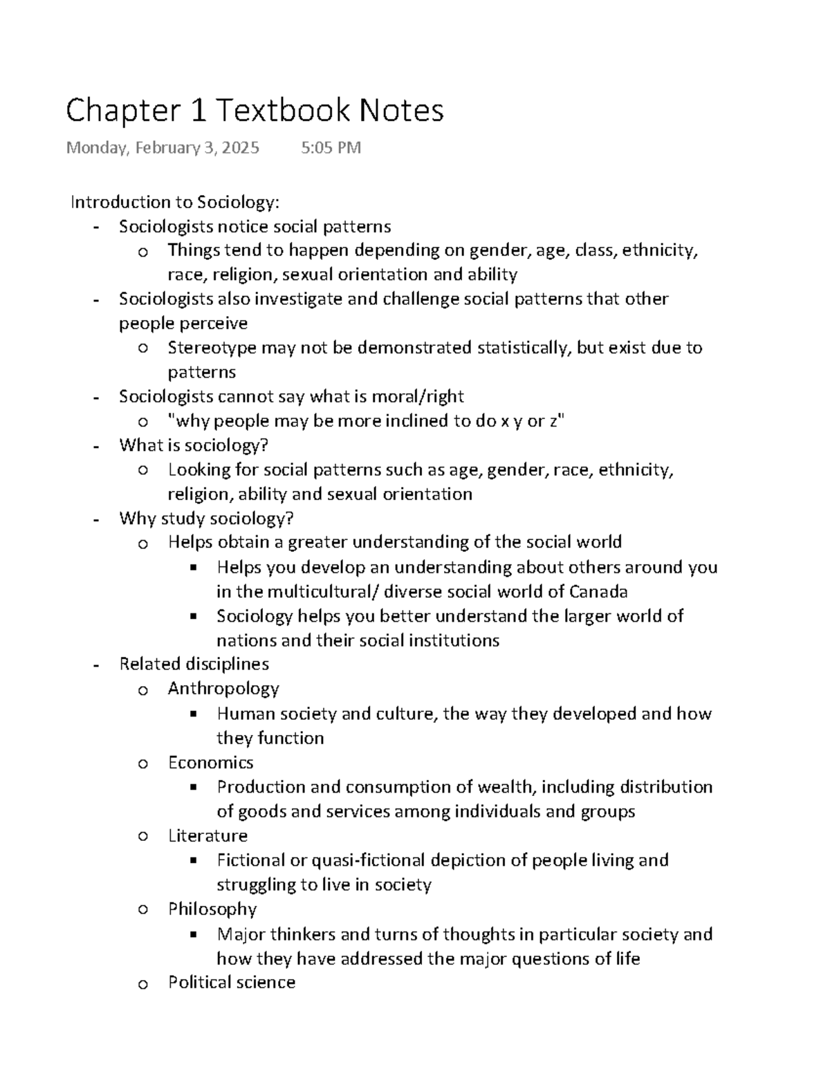 Chapter 1 textbook notes for sociology: Understanding social patterns ...