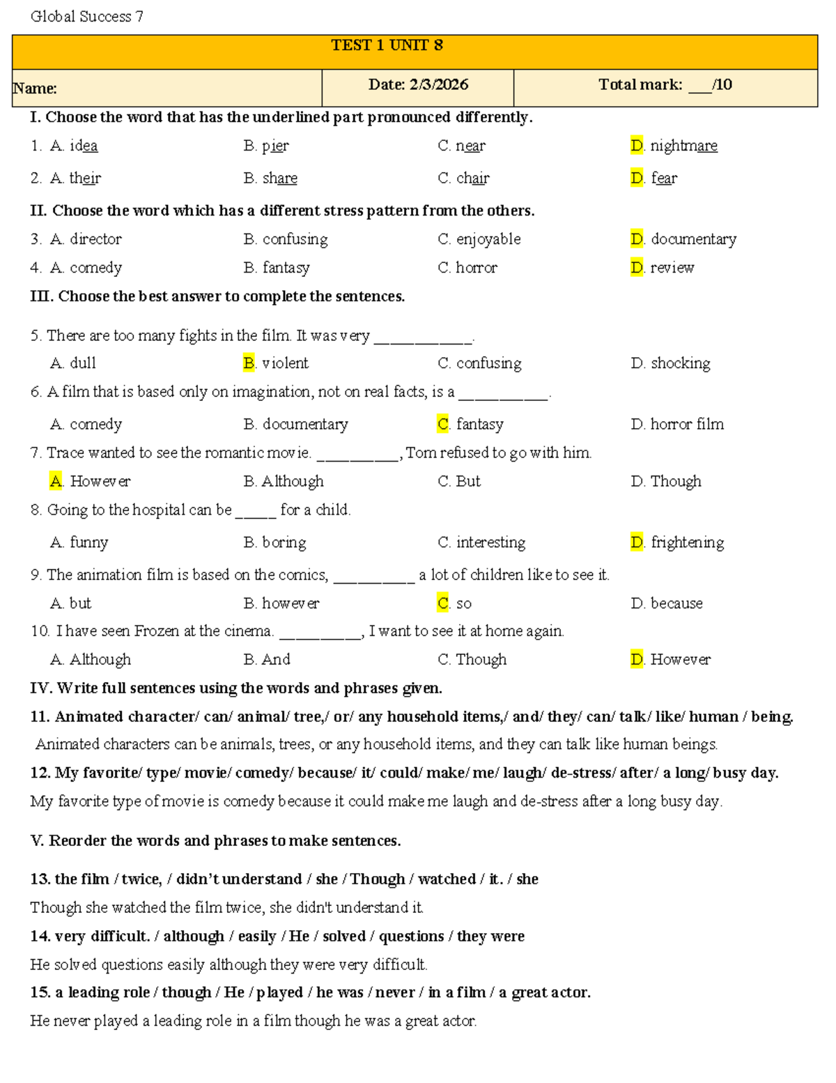 Global Success 7 TEST 1 UNIT 8 - Listening & Vocabulary Exercises - Studocu
