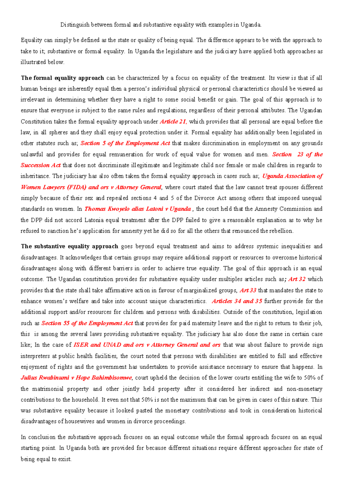 Formal vs. Substantive Equality in Uganda: A Comparative Analysis - Studocu