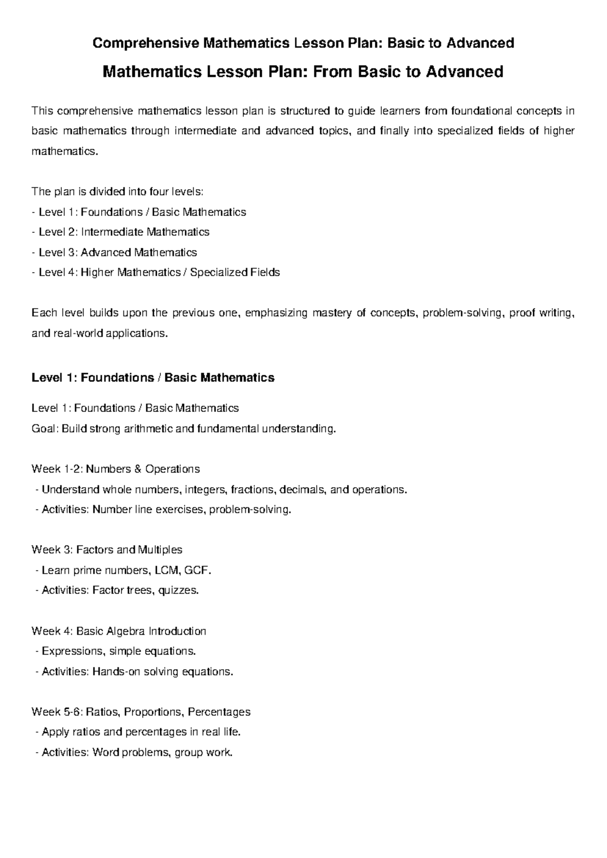 Comprehensive Mathematics Lesson Plan: From Basics to Advanced Levels ...