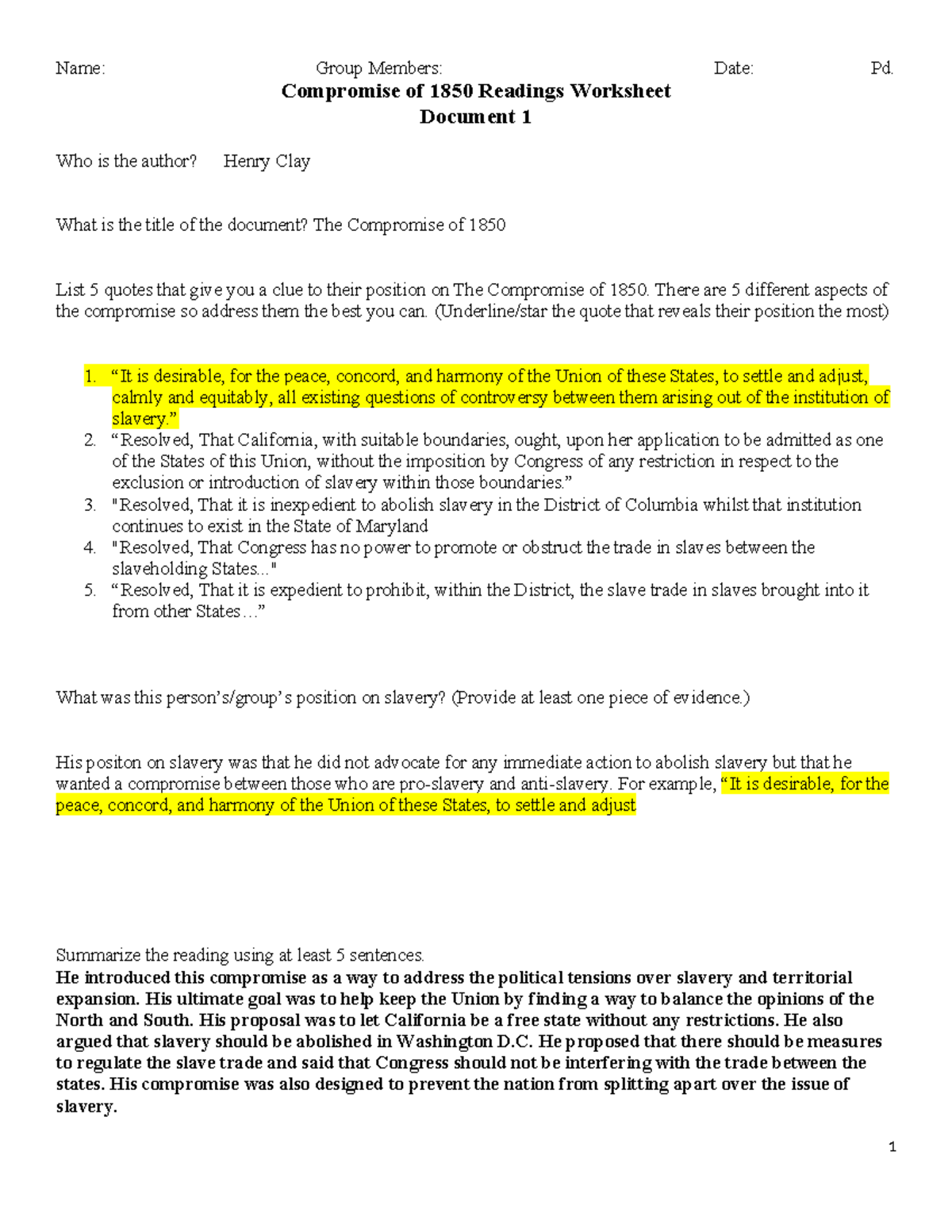 Compromise of 1850 Primary Sources Readings Worksheet - Name: Group ...