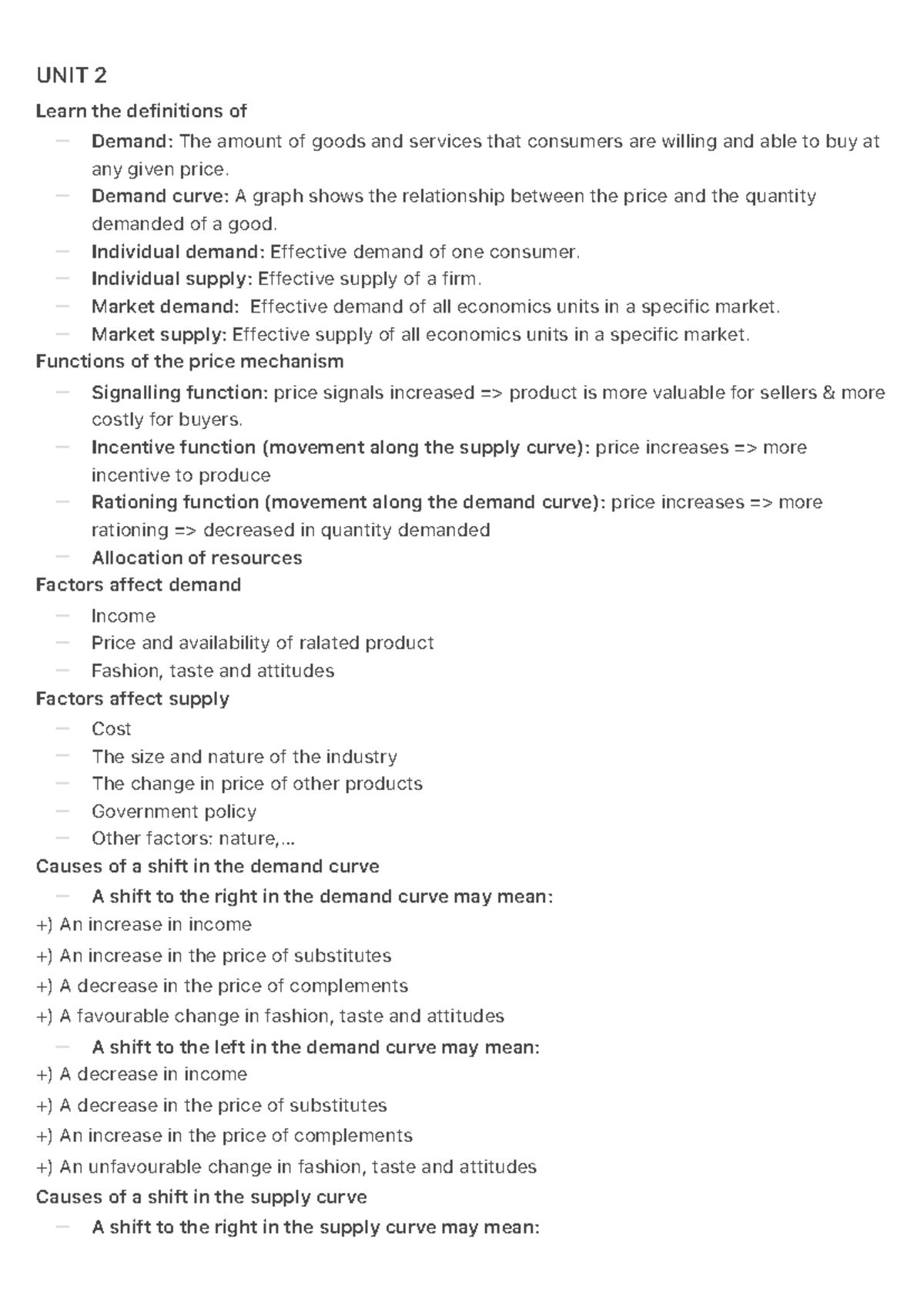 UNIT 2 - AS Level Economics Demand and Supply Concepts Revision Notes ...