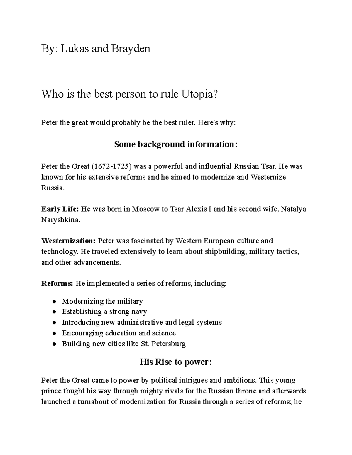 Absolutism resume: Peter the Great as the ideal ruler for Utopia - Studocu