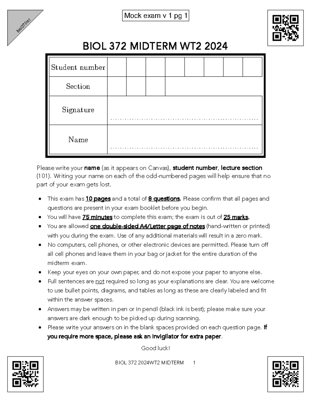 BIOL 372 2024 WT2 Midterm Mock Exam Version 1 - Studocu