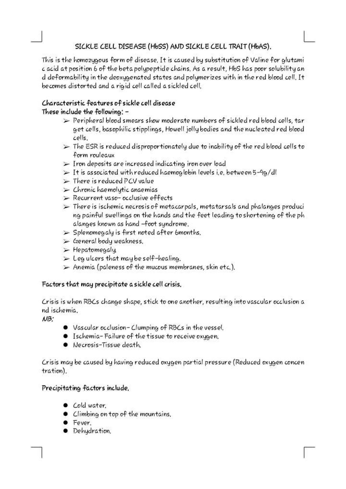 Sickle Cell Disease (HbSS) and ESR: Comprehensive Study Notes - Studocu