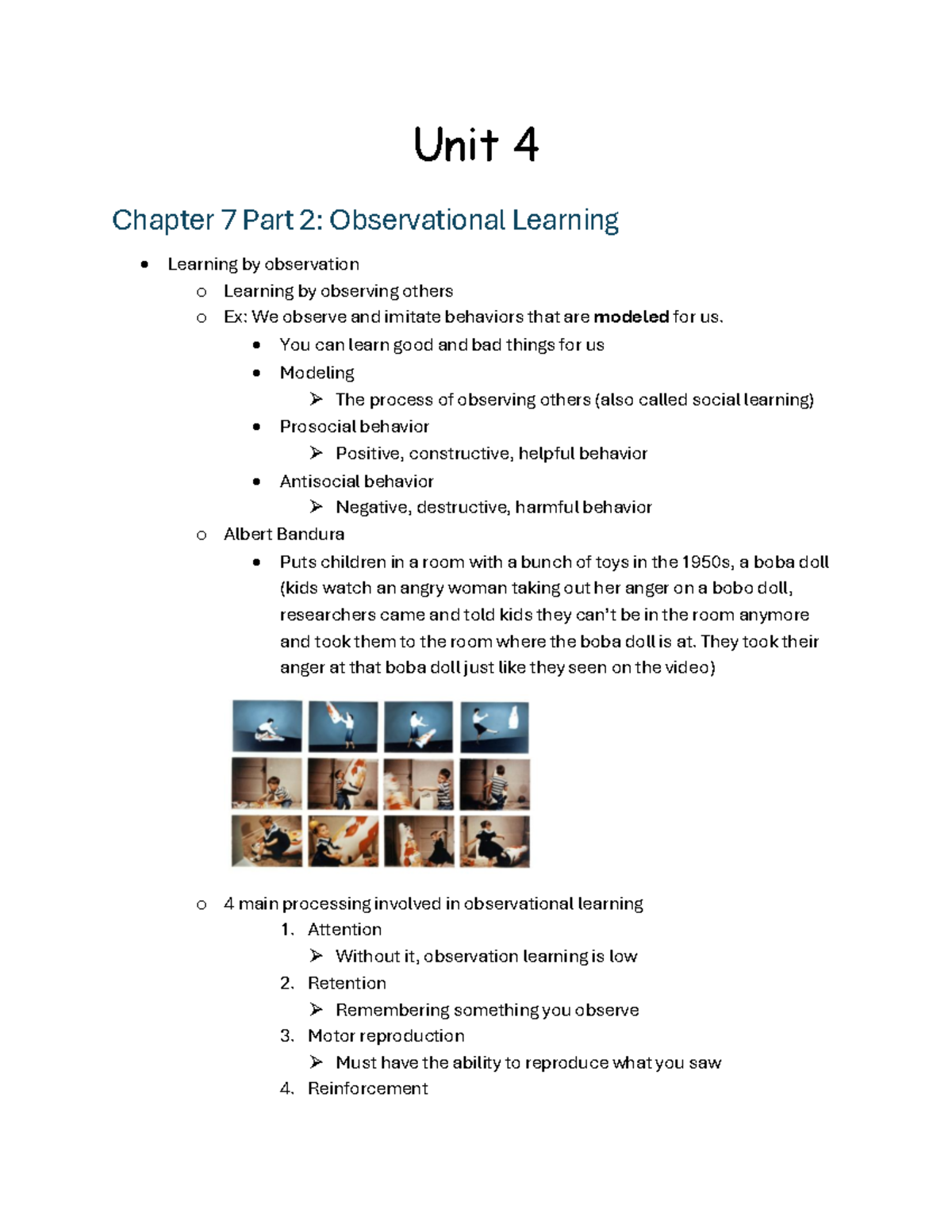 Unit 4: Chapter 7 & 9 - Observational Learning and Thinking - Studocu
