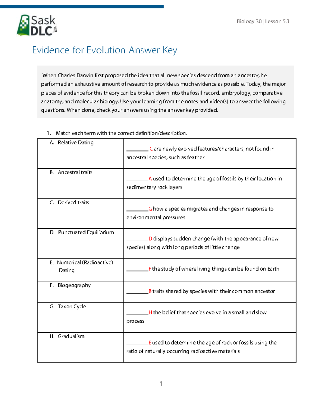 Biology 30 Lesson 5.3: Evidence for Evolution Analysis & Insights - Studocu
