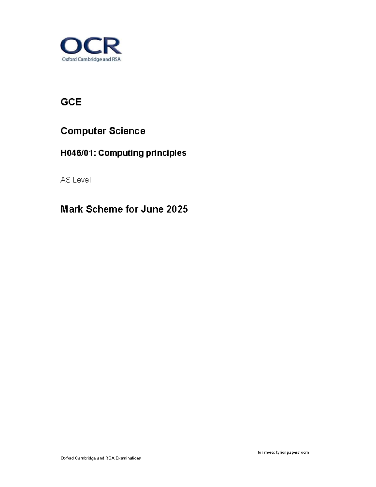 GCE Computer Science AS Level Mark Scheme - June 2025 - Studocu