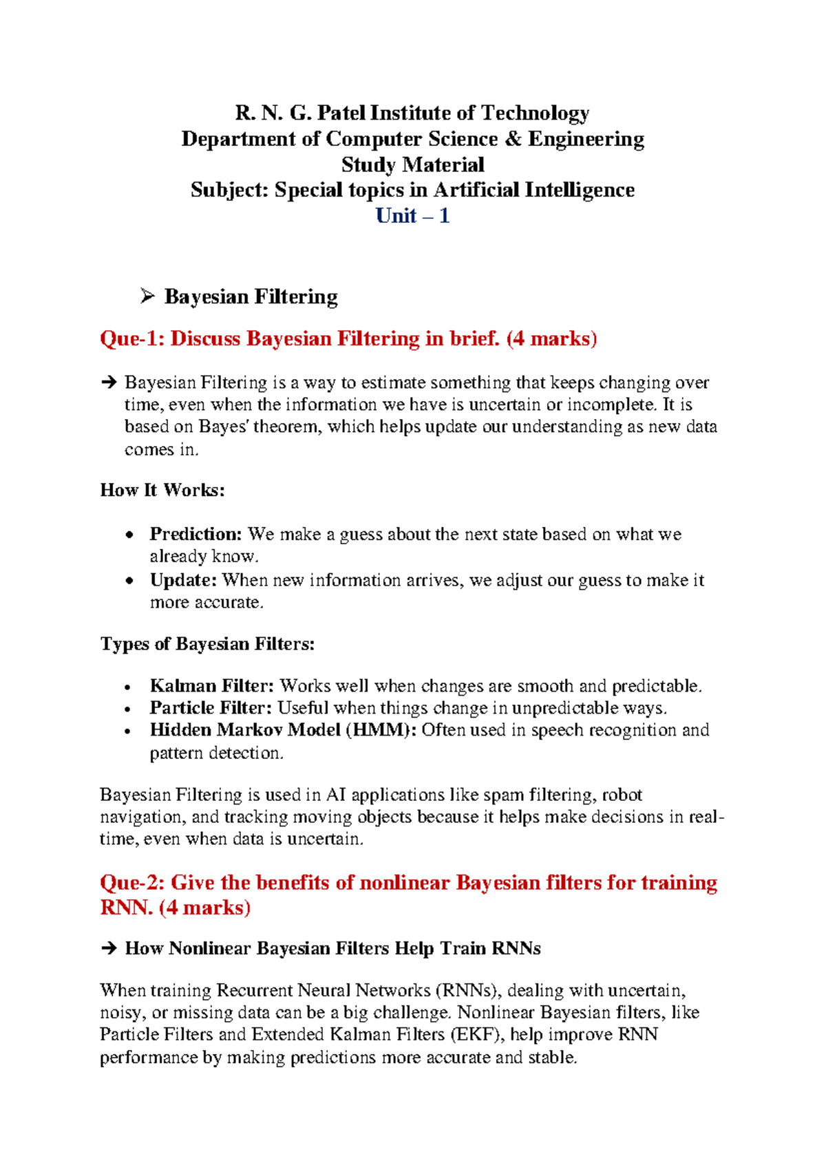 Special Topics in AI (CSE) - Unit 1: Bayesian Filtering & RNNs Notes ...