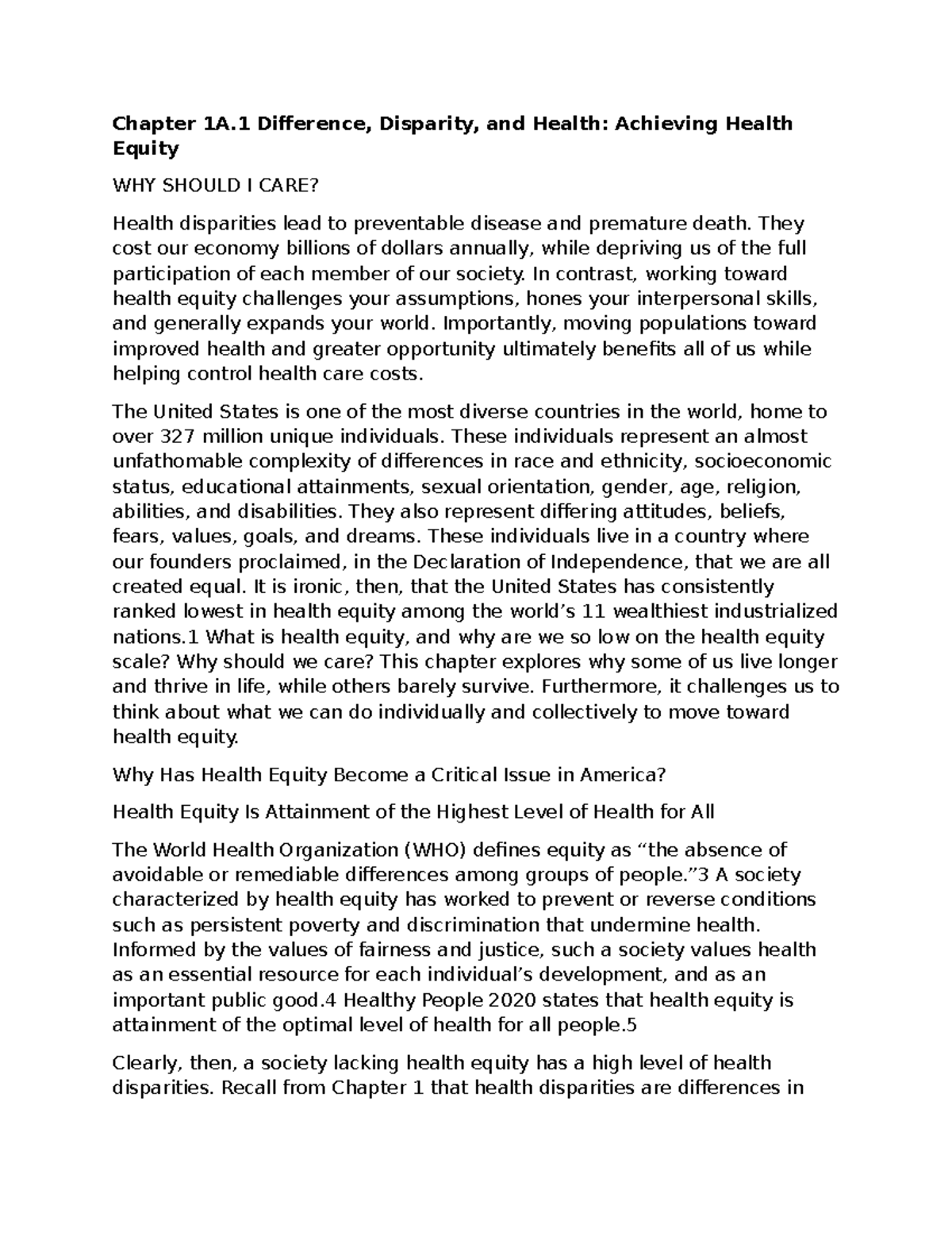 Exam 1 Chapter 1A: Health Disparities and Equity Insights - Studocu