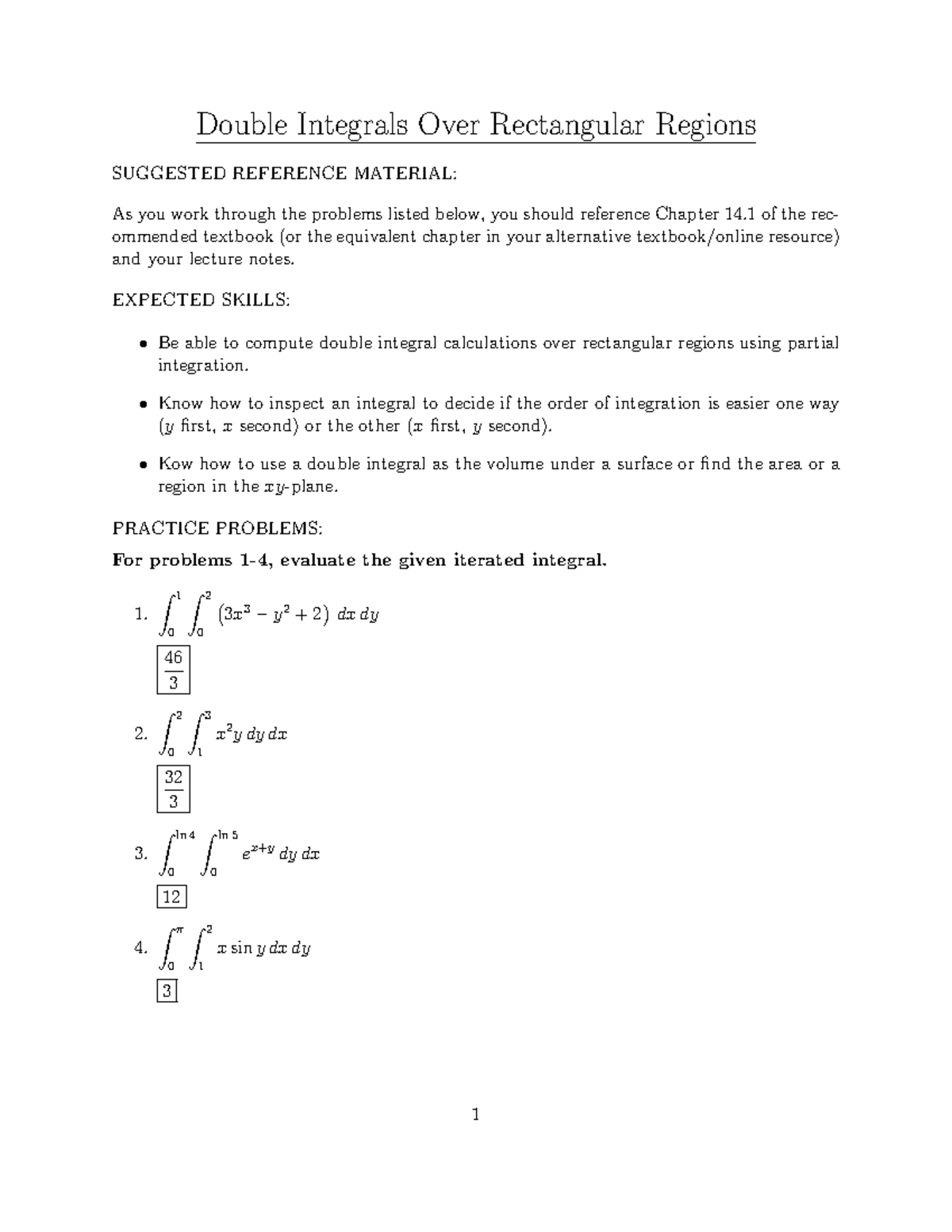 Homework 14 - Double Integrals Over Rectangular Regions SUGGESTED ...