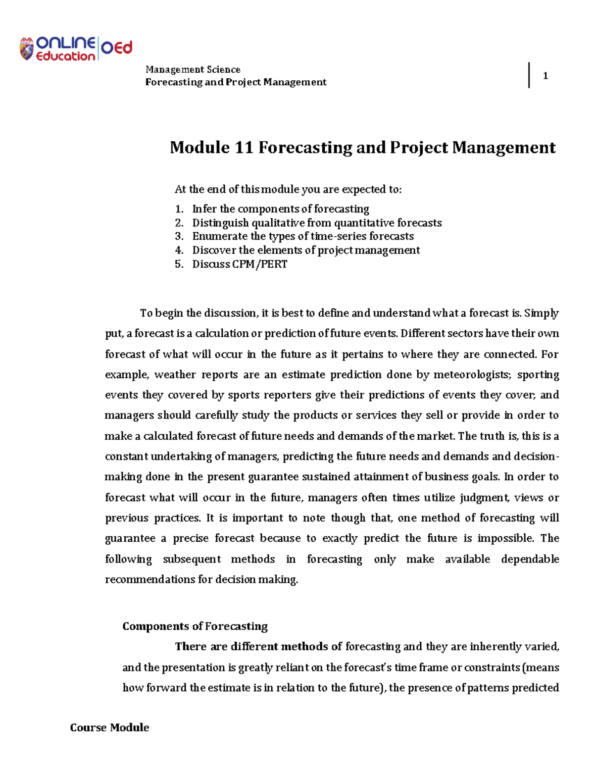 Module 11 - Lecture Notes on Forecasting & Project Management - Studocu