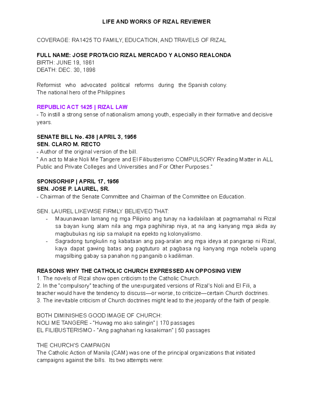 LIFE AND WORKS OF RIZAL REVIEWER: RA1425 TO EDUCATION AND TRAVELS - Studocu