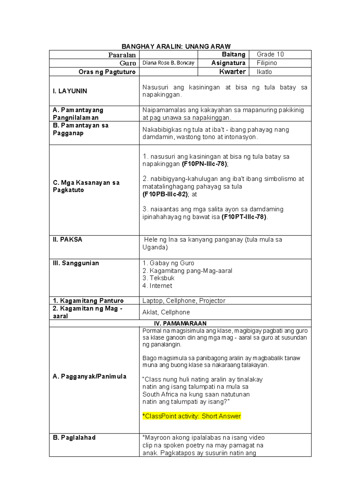 Lesson Plan: Pagsusuri ng Tula sa Filipino (F10PN-IIIc-78) - Studocu