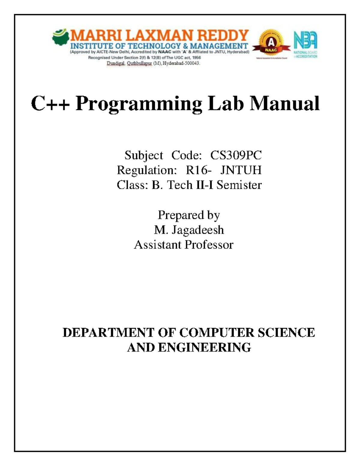 C++ Lab - go a head - C++ Programming Lab Manual Subject Code: CS309PC ...