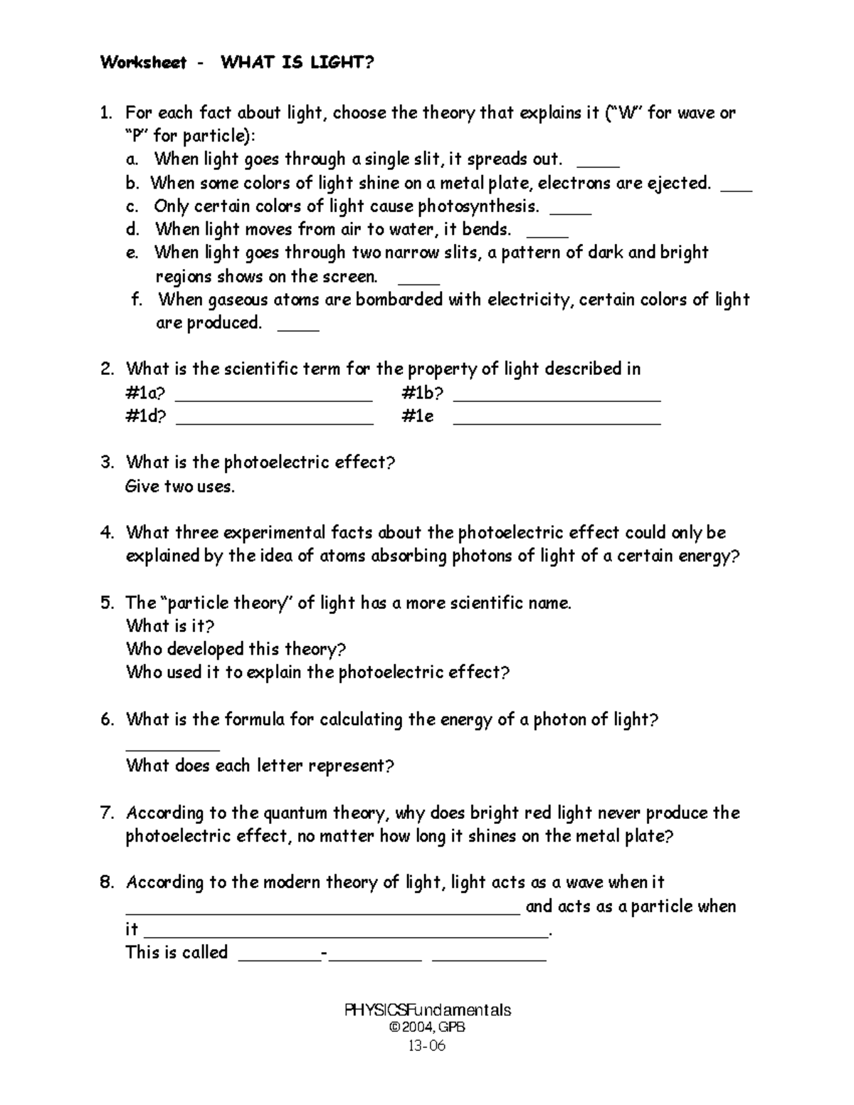 PHYS101 Worksheet: Understanding Light Theories and Effects - Studocu