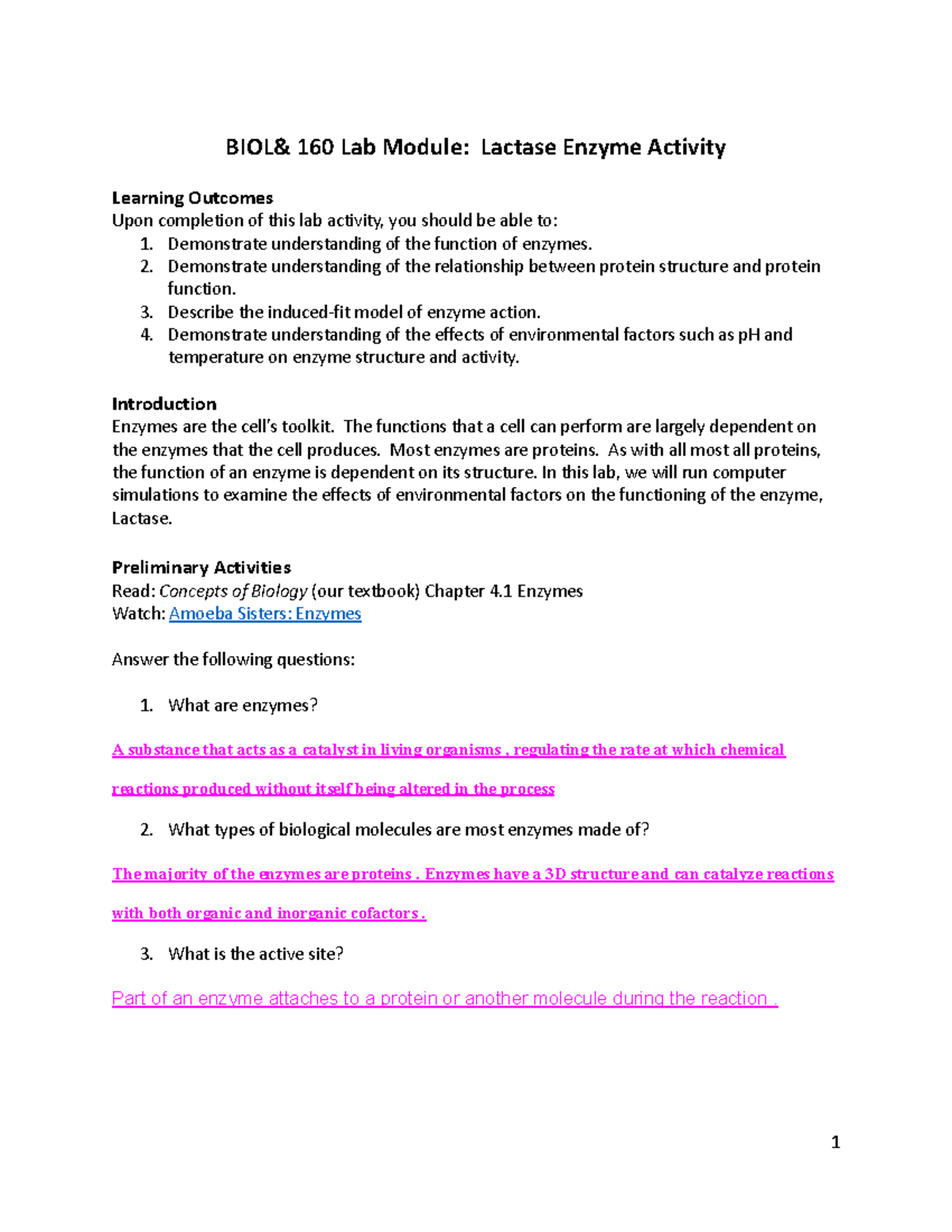 Bio160 Sp22 Lab Module 3: Lactase Enzyme Activity Simulation Report ...