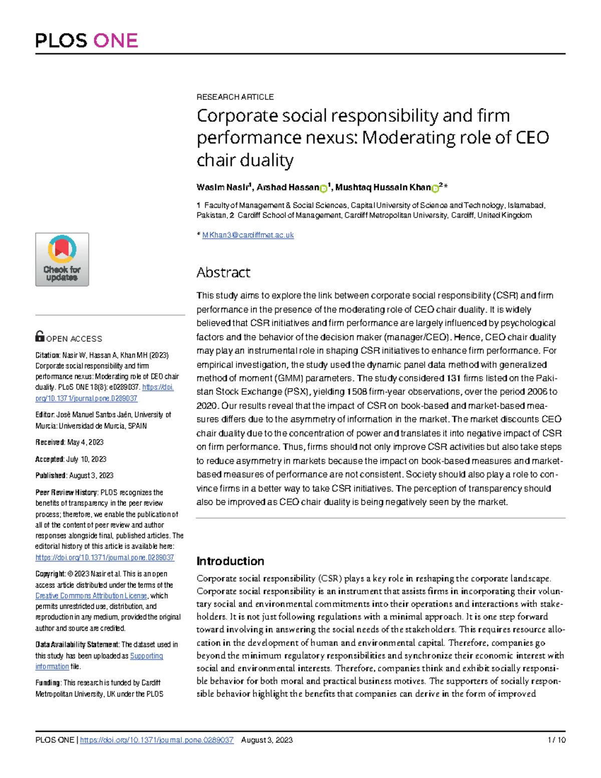 Corporate Social Responsibility & Firm Performance: CEO Duality Impact ...