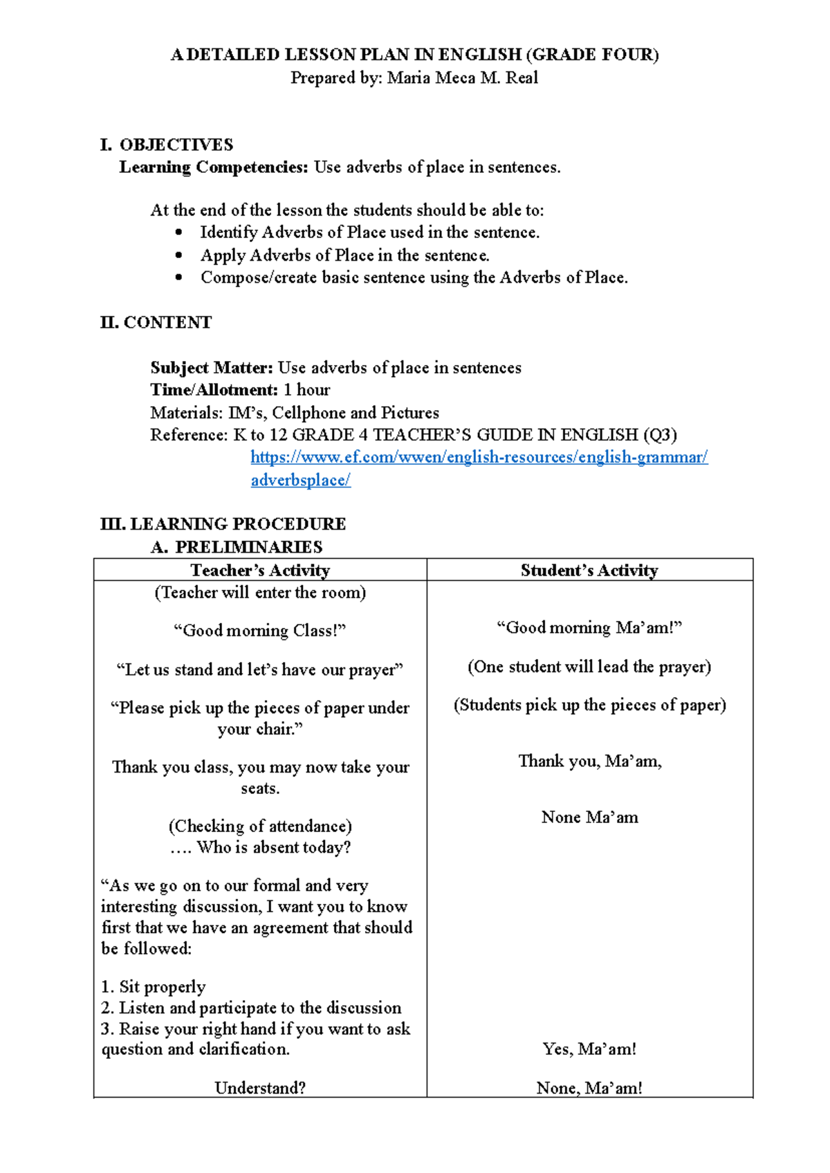 A Detailed Lesson PLAN IN English Grade FOUR - A DETAILED LESSON PLAN ...