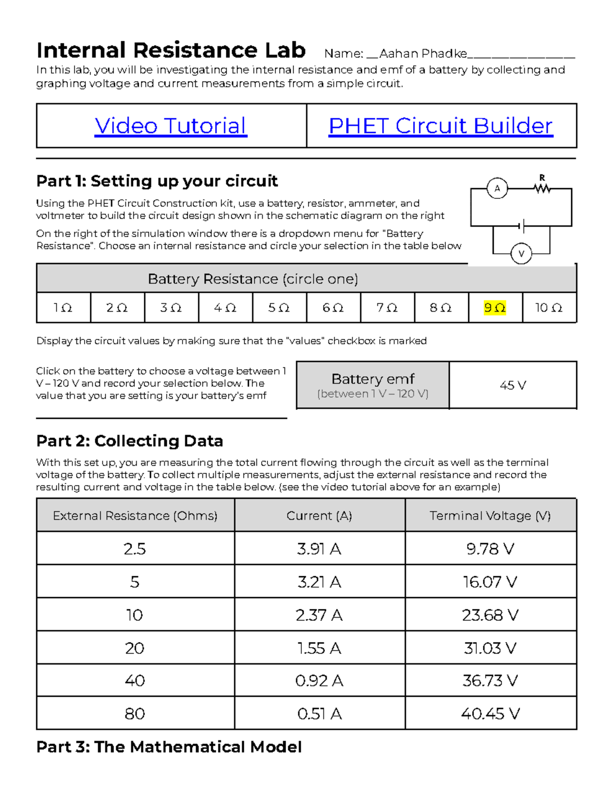 Internal Resistance Lab (Physics) - Investigating Battery EMF ...