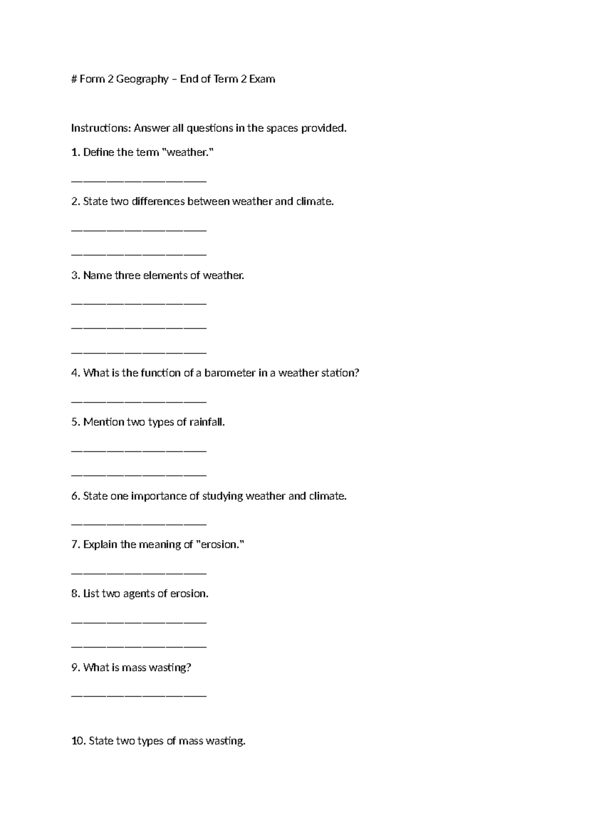 Form 2 Geography End of Term 2 Exam Practice Questions - Studocu