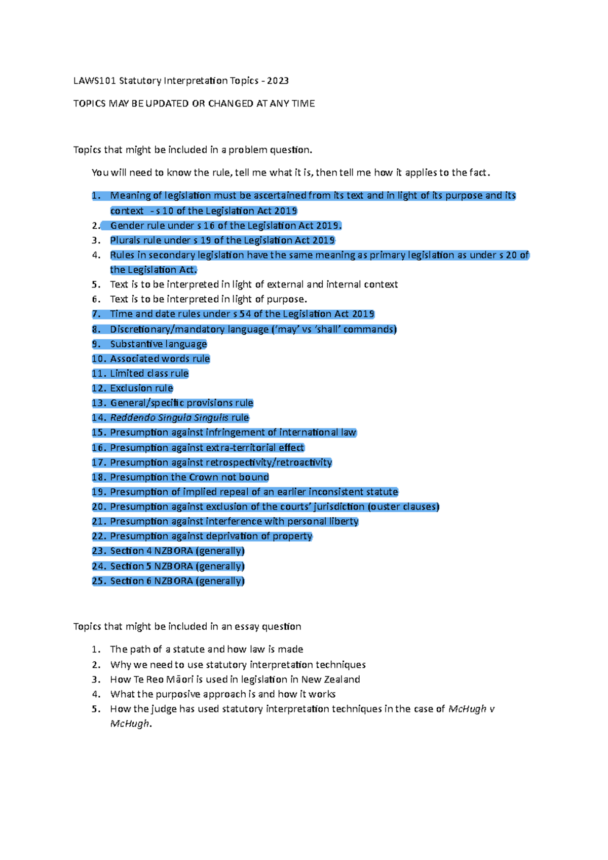 LAWS101 Statutory Interpretation Topics & Techniques 2023 Guide - Studocu