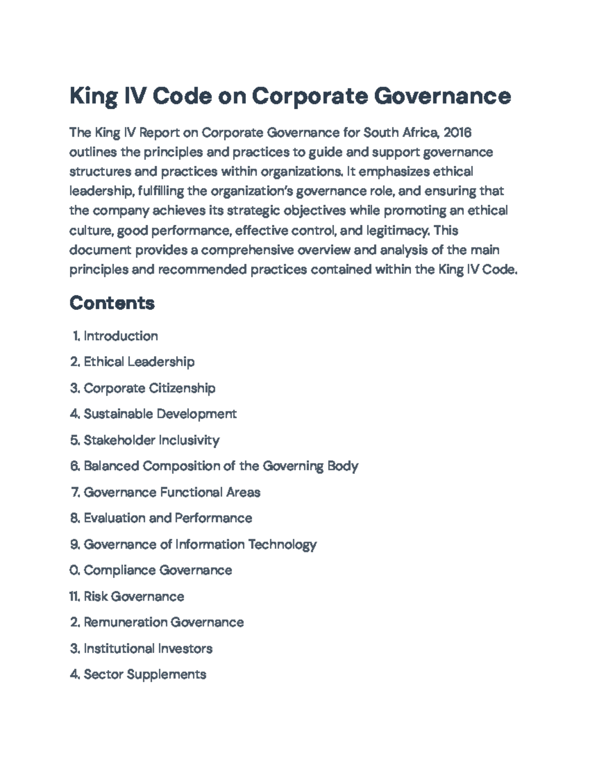 King IV Code on Corporate Governance: Principles and Overview Analysis ...
