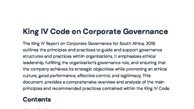 King IV Code on Corporate Governance: Principles and Overview Analysis ...