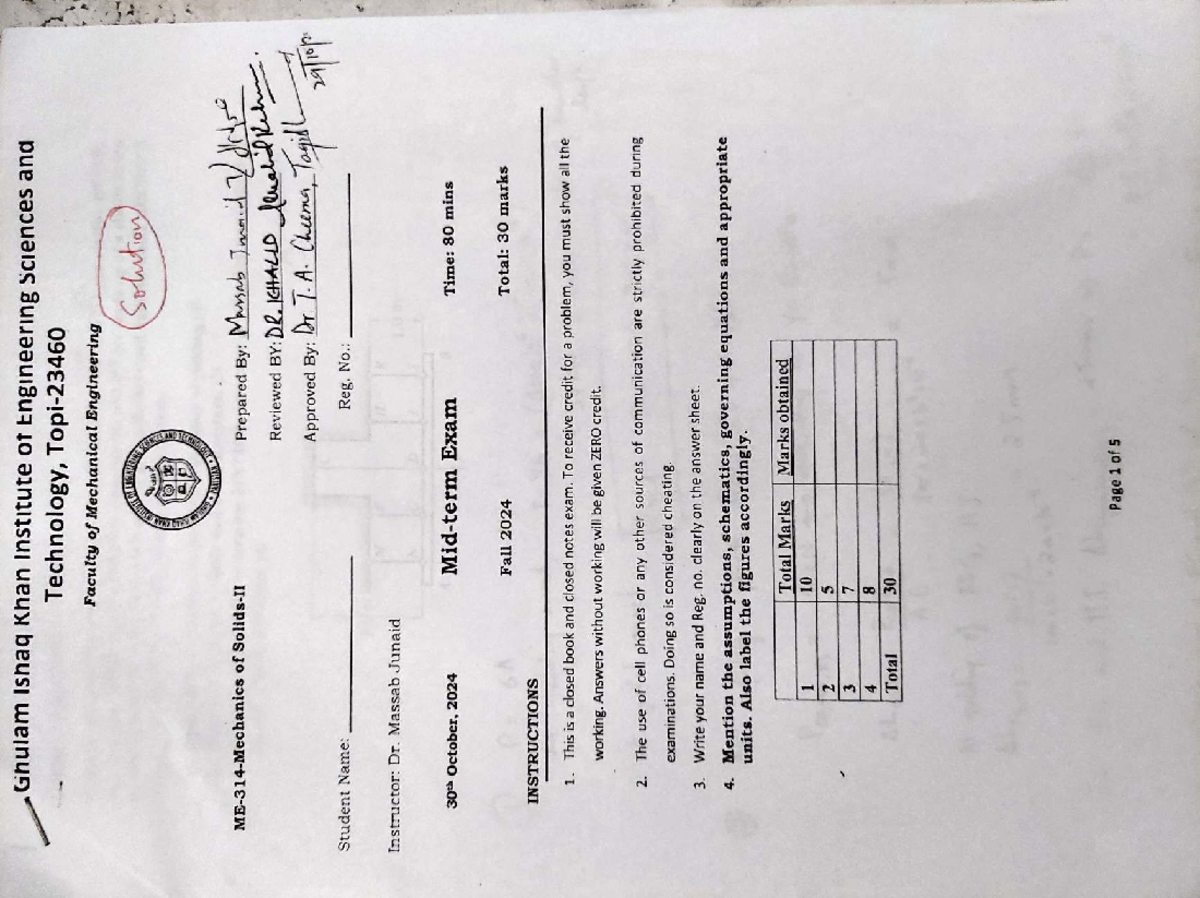 Midterm Exam Solutions for ME 202 - Fall 2024 - Studocu