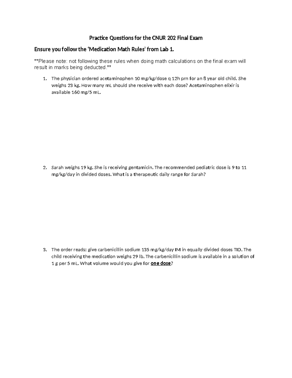 CNUR 202 Final Exam: Extra Math Practice Questions & Answers - Studocu