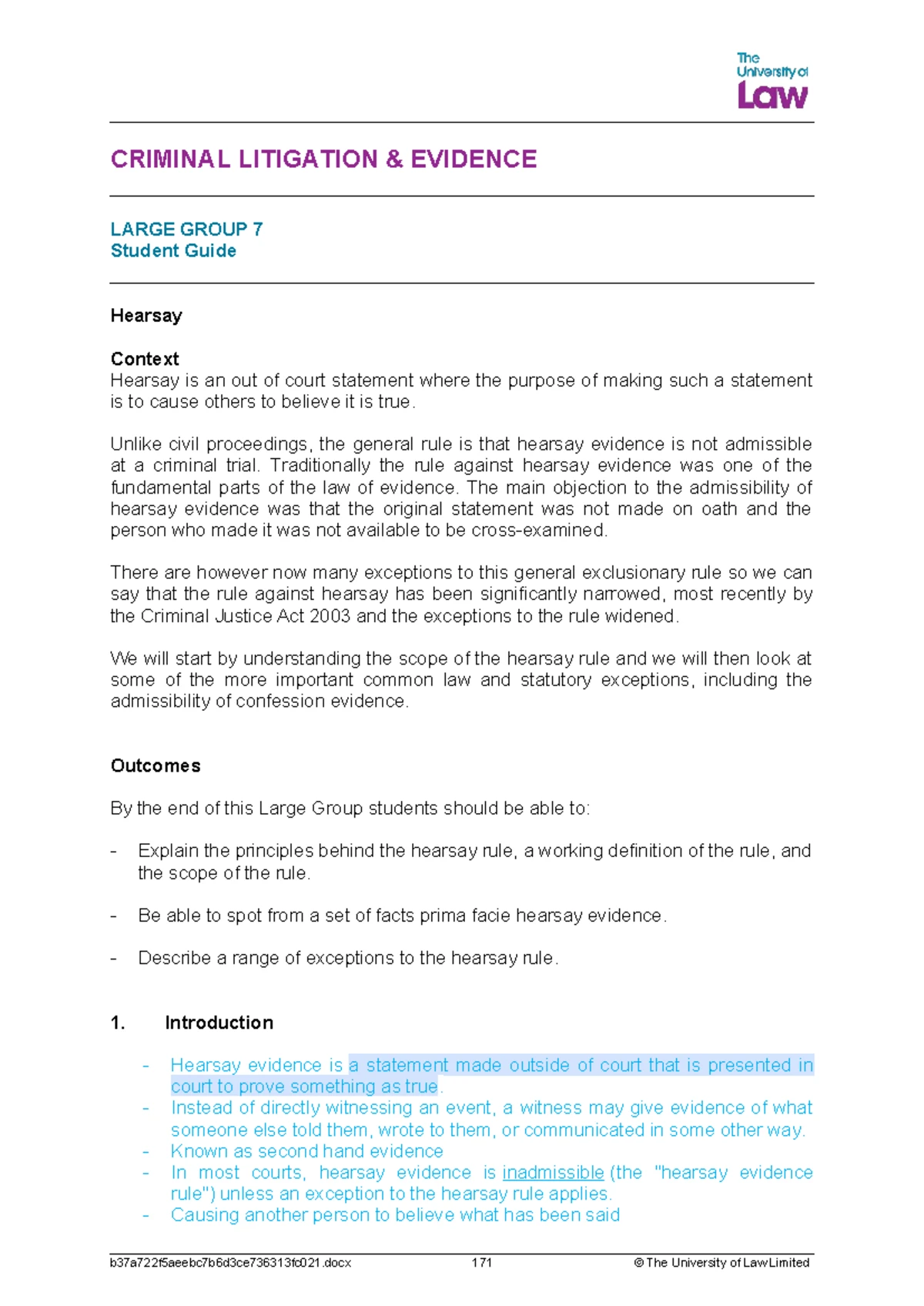 CRIMINAL LITIGATION EVIDENCE LG3 Student Guide: Trial on Indictment ...