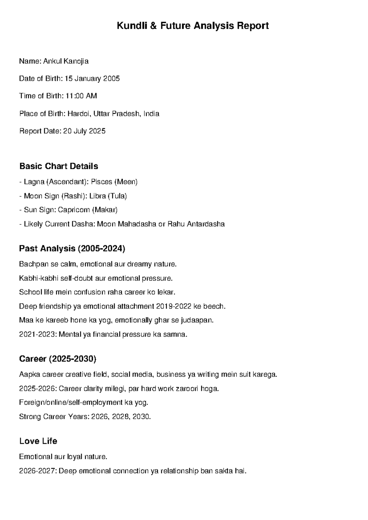 Kundli Future Analysis Report for Ankul Kanojia (DOB: 15 Jan 2005 ...