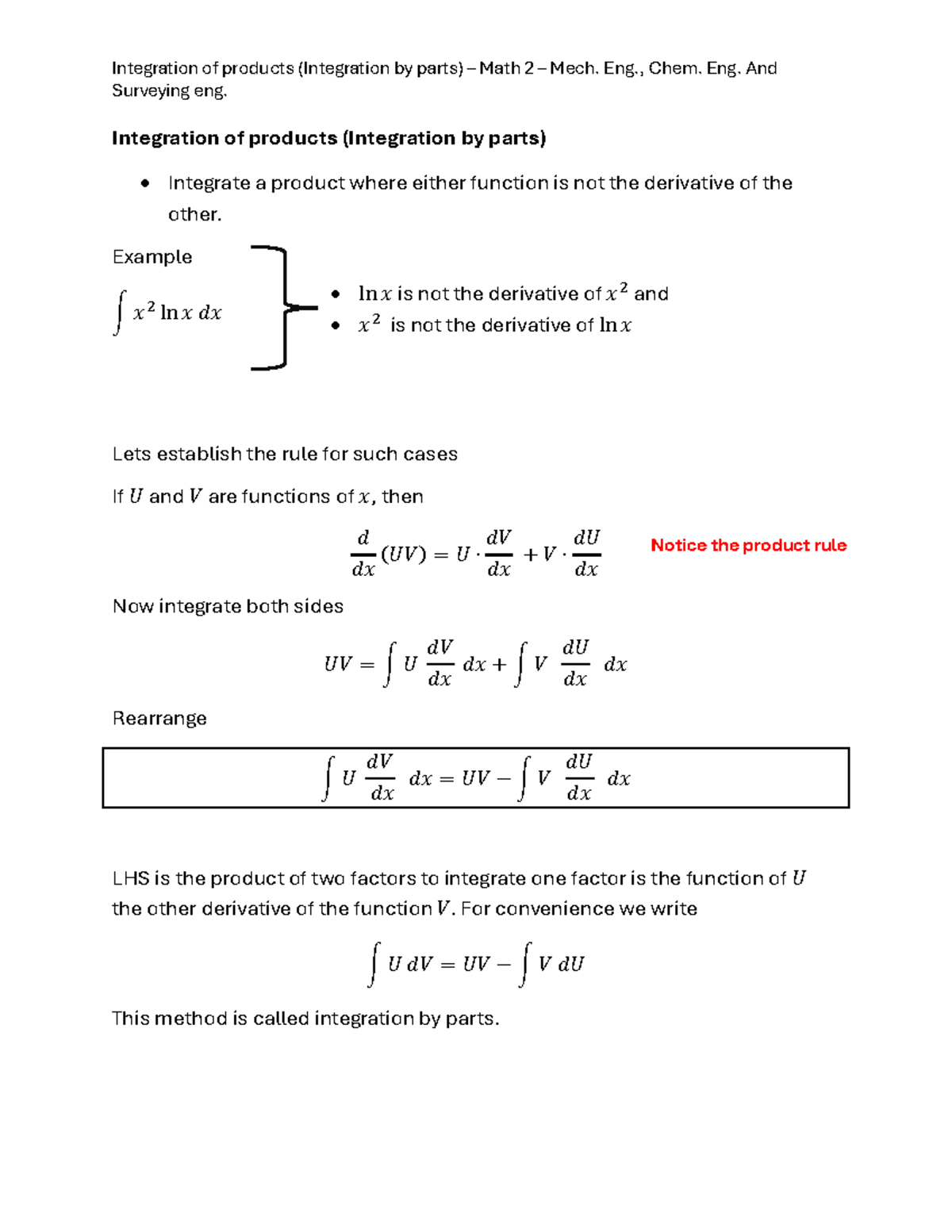 Surveying Eng. Integration by Parts: Key Concepts & Examples - Studocu