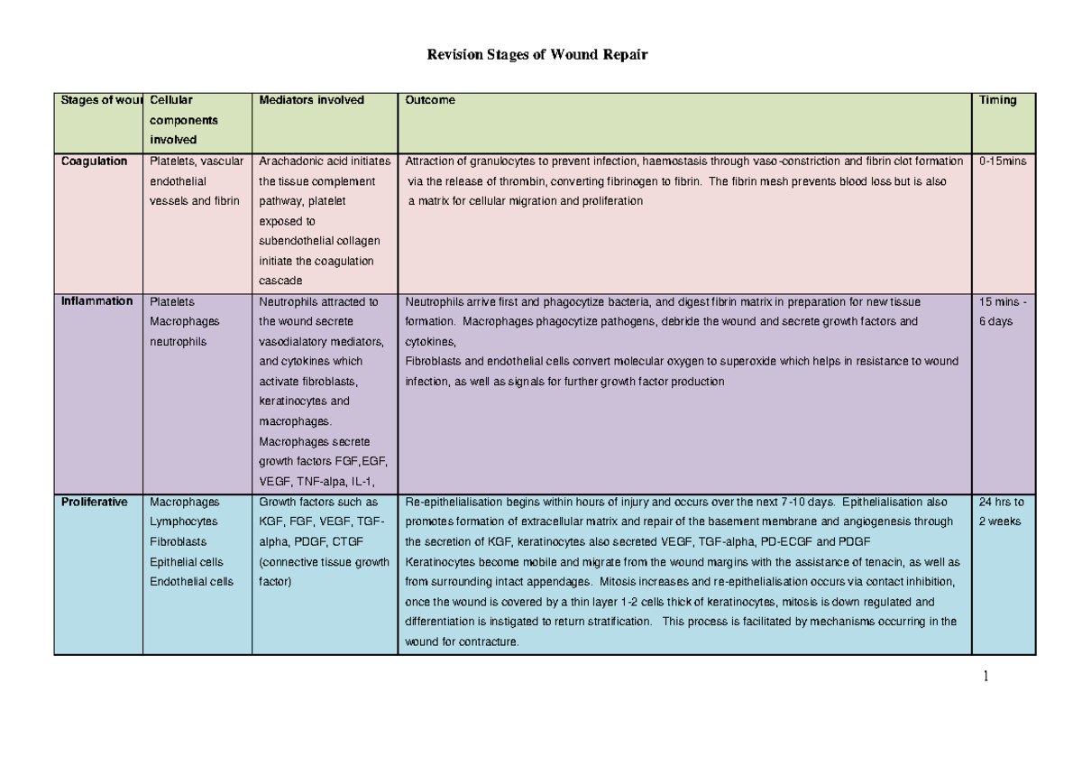 Stages of wound healing table Revision Stages of Wound Repair 1