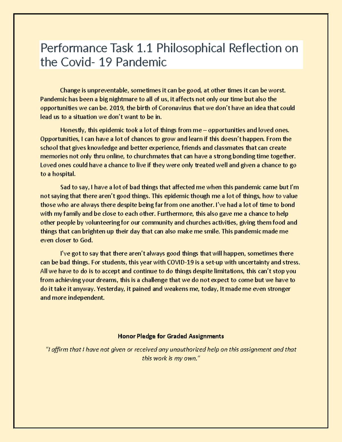 Performance Task 1 - Reflection on the Impact of Covid-19 - Studocu