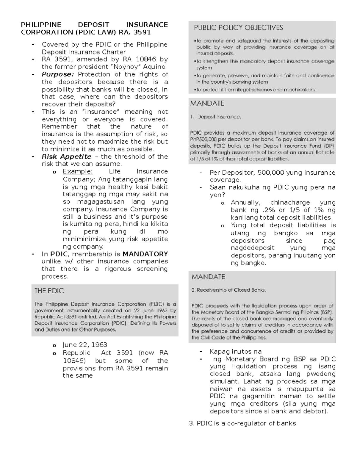PDIC Law Overview: RA 3591 and Its Implications for Depositors - Studocu