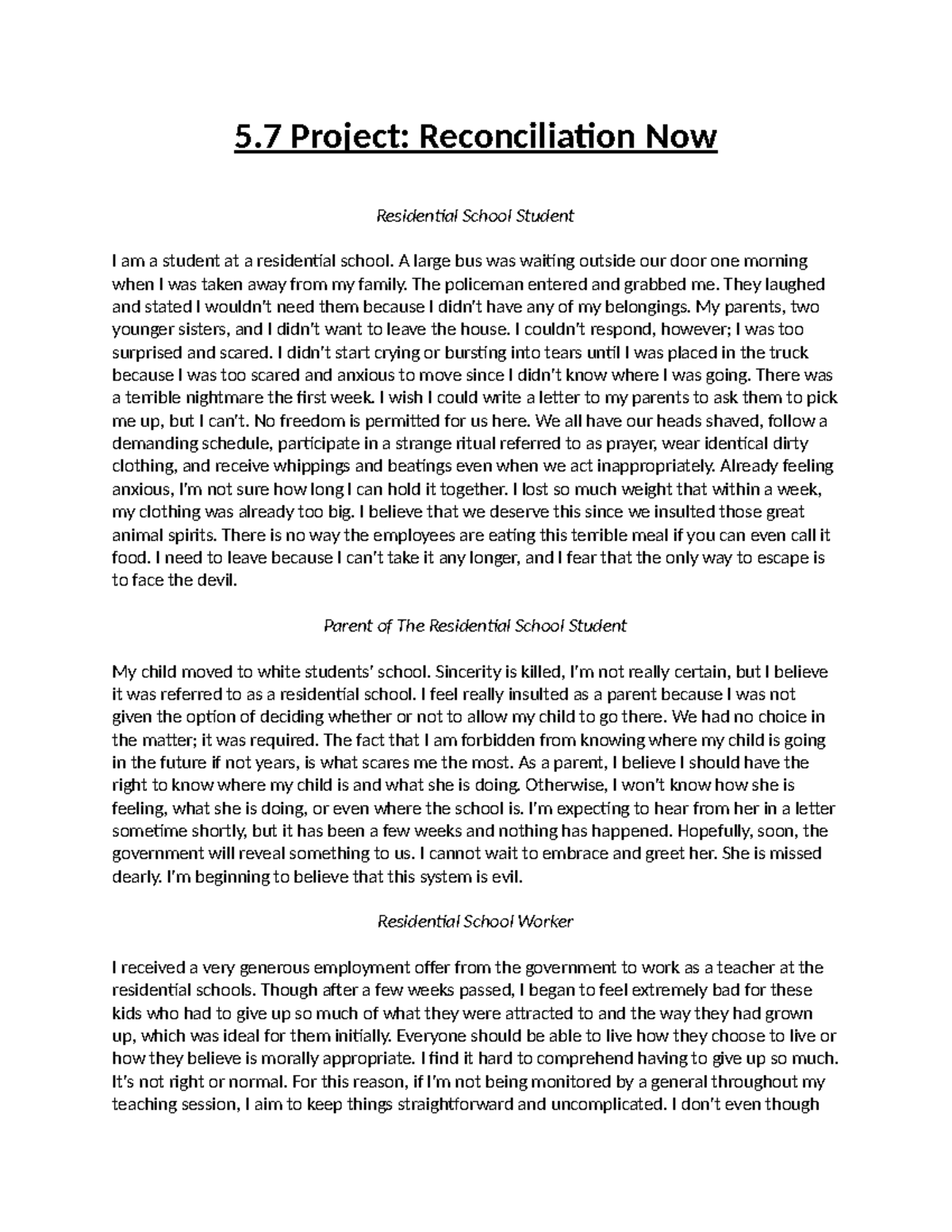 Reconciliation Project: Voices from Residential Schools - Studocu